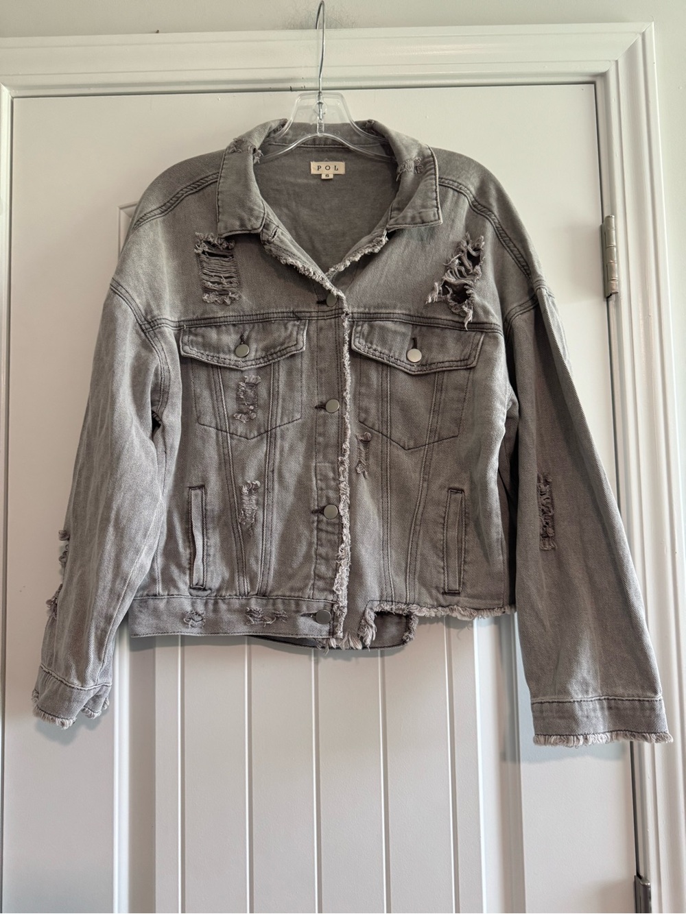 POL Women's Distressed Gray Denim Jacket